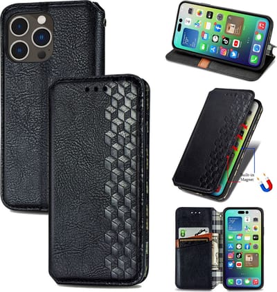 Luxe PU Lederen Ruitpatroon Wallet Case + Screenprotector voor iPhone 14 Pro _ Zwart