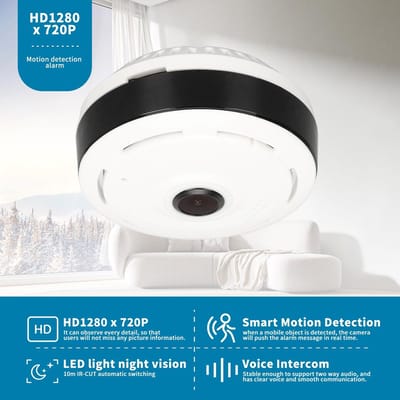 Dailygoody - Fisheye-beveiligingscamera - 360 Graden - Nachtzicht - Wit - Bewegingsdetectie - Tweeweg Audiocamera - Geschikt voor Thuis en Kantoor