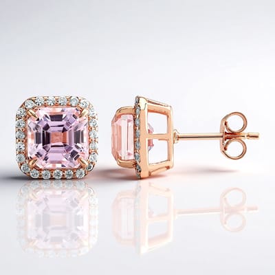 Cavill - Zilveren Oorbellen met 5,83 ct Kunziet en 0,699 ct Zirkonia - Roségoud Verguld - Handgemaakt - Achthoekige Asscher Luxe Sieraden