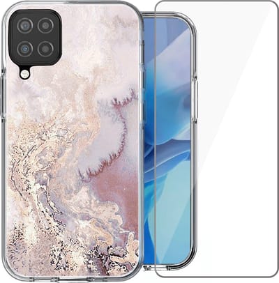 Hoesje geschikt voor Samsung Galaxy A12 - Siliconen Shock Proof Case Back Cover Hoes Marmer Roze + Screenprotector Gehard Glas Screen Protector
