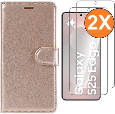 Hoesje Geschikt voor Samsung Galaxy S25 Edge hoesje bookcase Rose Goud met screenprotectors 2 stuks