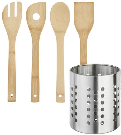 Kinvara Keukengerei - bamboe houten roerlepels / spatels set 4-delig - in mooie RVS houder - Keuken pollepels / spatels