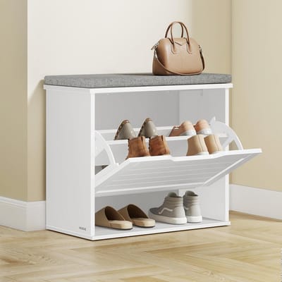 Furnstar Schoenenbank met Zitkussen – Zitbank met 3 Niveaus – Schoenenkast voor 6 Paar Schoenen – Klapvak met Verstelbare Scheidingswand – 30 x 60 x 53,5 cm – Wolkenwit & Duifgrijs