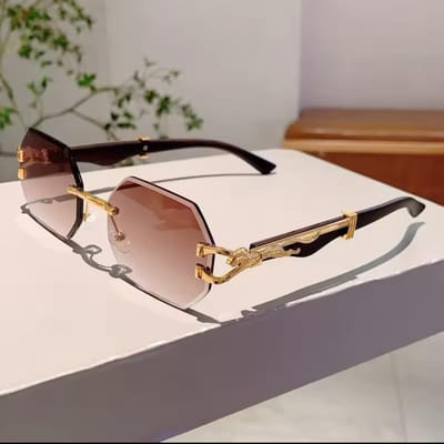 Y2K Randloos Achthoekige Zonnebril Dames Heren Luxe Vintage Punk Goud Luipaardkop UV400 Zonnebrillen