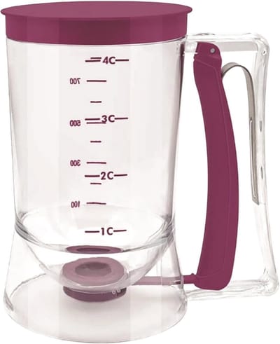 Famanu - Beslagdispenser 900 ml met Meetlabel, trechter dispenser voor pannenkoekenbeslag, cupcakes, muffins en wafels, doseerbeker met handgreep voor schoon en precies gieten