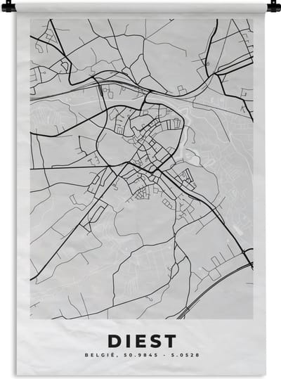 Wandkleed - Wanddoek - Plattegrond – Diest – Zwart Wit – Stadskaart - Kaart - 120x180 cm - Wandtapijt