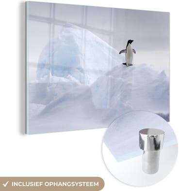 MuchoWow® Glasschilderij 90x60 cm - Schilderij acrylglas - Pinguïn - IJs - Winter - Foto op glas - Schilderijen