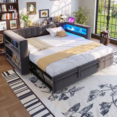 PHOEBE CAT Slaapbank - 90/180 × 190 cm - Gestoffeerd bed - LED-verlichting - Oplaadpunten - Donkergrijs