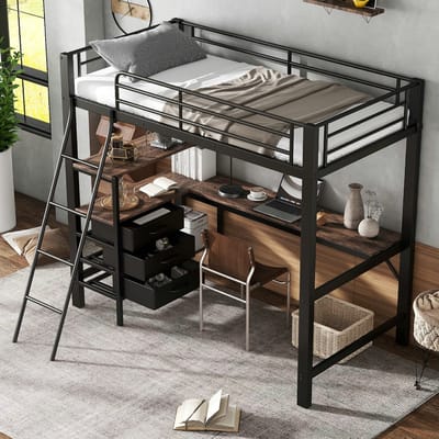 VVBV Hoogslaper - drie lades - tafel 2 m lang - oprijplaat met vier treden - zwart - 90x200 cm - zonder matras
