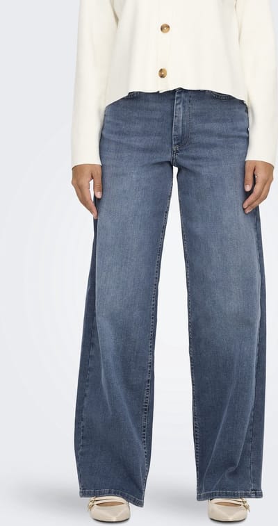 Only blauwe dames jeans   High waist   Madison   Stonewash wassing   Wide leg fit   5-Pocket zakken   Knoop- en ritssluiting   Duurzaam   High waist