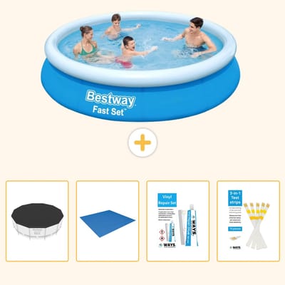 Bestway Rond Opblaasbaar Fast Set Zwembad - 366 x 76 cm - Blauw - Inclusief Afdekzeil - Grondzeil - Reparatiesetje - Testrips - 5-delig