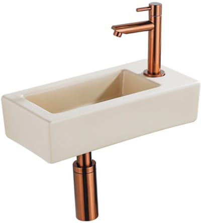 QeramiQ Fuente Fonteinset - 37.5x18.5x9cm - keramiek - kraangat rechts - fonteinkraan geborsteld koper - afvoerplug - verlaagd sifon - Mat Beige
