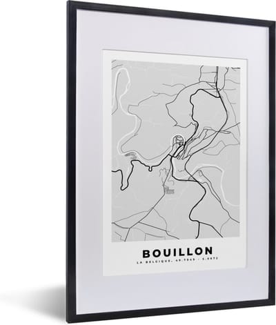 Fotolijst incl. Poster Zwart Wit- België – Bouillon – Stadskaart – Kaart – Zwart Wit – Plattegrond - 30x40 cm - Posterlijst