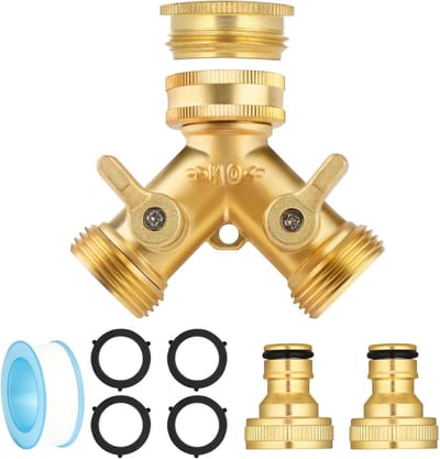 2-Weg Messing Tuinslang Splitter, 3/4" Kraan Connector met Individuele Aan/Uit en Twee Snelle Aansluitingen, Ideaal voor Tuin, Buitenruimte en Binnenplaats (Goud)