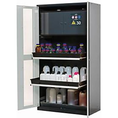 Chemicaliënkast asecos CS-CLASSIC-GF, scharnierende deuren met glasuitsparing, front lichtgrijs, B 1055 x D 520 x H 1950 mm