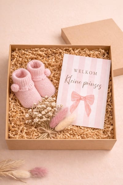 Luxe Baby Cadeaubox Meisje – Babyslofjes, Droogbloemen & Kaart “Welkom Kleine Prinses”
