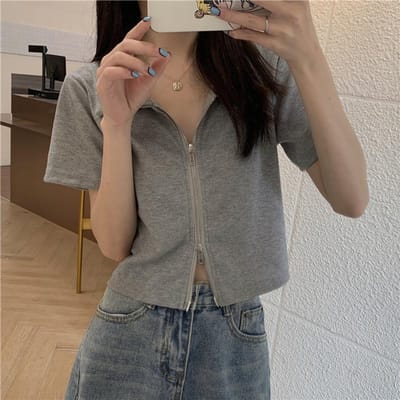 T-shirt court pour femme, polo à revers pour étudiantes, cardigan zippé, slim, taille haute, nombril, manches courtes, design été XL black