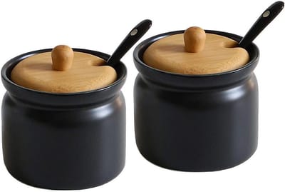 Set van 2 keramische kruidenpotjes met bamboodeksel, opslagdoos, zout- en suikerpot met lepel, ideaal voor keuken en eetkamer, 180 ml (Zwart)