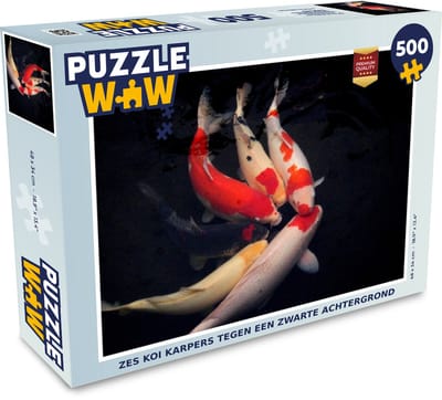 Puzzel Zes koi karpers tegen een zwarte achtergrond - Legpuzzel - Puzzel 500 stukjes
