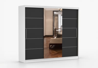 Schuifdeurkast ELBA I met Spiegel – 3-deurs kledingkast, legplanken en kledingroede – modern design – 250x218x61 cm - ELBA I (Wit + Zwart)