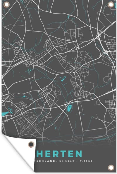 Muurdecoratie Herten – Stadskaart – Blauw – Plattegrond – Stadskaart – Kaart - Duitsland - 120x180 cm - Tuinposter - Tuindoek