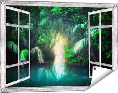 Gards Tuinposter Doorkijk Tropische Jungle met een Turquoise Meer - 90x60 cm - Tuindoek - Tuindecoratie - Wanddecoratie buiten - Tuinschilderij