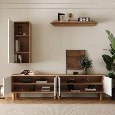 Woonkamer meubelset - 3-delig - inclusief hoge kast - kast - wandplank - Witte en houten gesneden deurpanelen