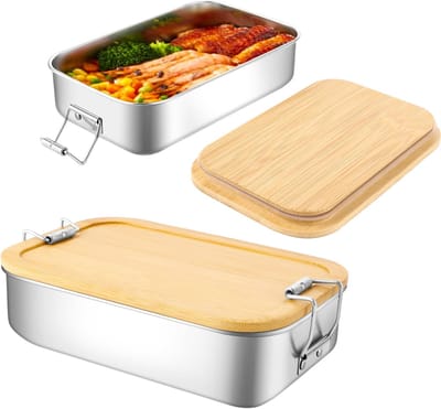 Dailygoods- Broodtrommel Roestvrij Staal 700 ml - Lunchbox Kinderen - Bamboedeksel - Waterdicht - Herbruikbaar - Ideaal voor School