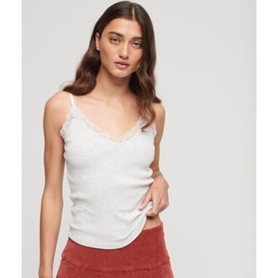 Superdry Essential Geribd Camitopje van Biologisch Katoen met Kant Lichtgrijs Grootte: S/M