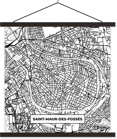 Posterhanger incl. Poster 60x60 cm - Schoolplaat - Plattegrond - Kaart - Frankrijk - Saint-Maur-des-Fossés - Stadskaart - Zwart wit - Textielposter - Zwarte latten - Stadskaart