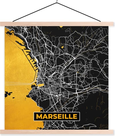 Posterhanger incl. Poster 40x40 cm - Schoolplaat - Stadskaart – Frankrijk – Kaart – Marseille – Plattegrond - Textielposter - Blanke latten - Stadskaart