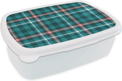 Broodtrommel Wit - Lunchbox - Brooddoos - Plaid - Schotse ruit - Patronen - Blauw - Roze - 18x12x6 cm - Volwassenen