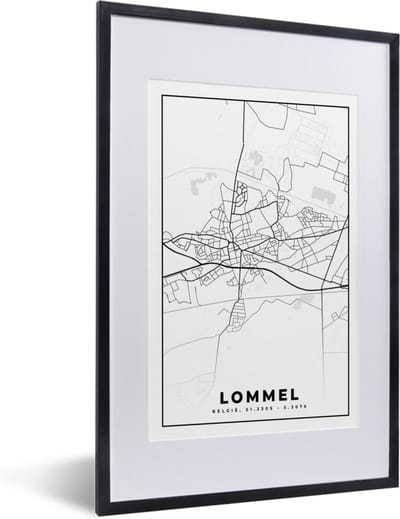 Fotolijst incl. Poster Zwart Wit- België – Lommel – Stadskaart – Kaart – Zwart Wit – Plattegrond - 40x60 cm - Posterlijst