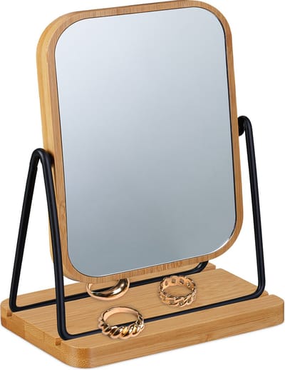make-up spiegel - 360° draaibaar - 18 x 12 cm - bamboe - natuur-zwart