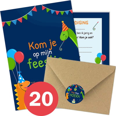 20x Uitnodiging Kinderfeestje + Enveloppen & Sluitstickers (20 kaartjes & 20 enveloppen) Beschrijfbaar - Thema Dino Blauw - Uitnodiging verjaardag - Jongen of meisje - uitnodigingskaarten + kraft envelop - Verjaardag Feest