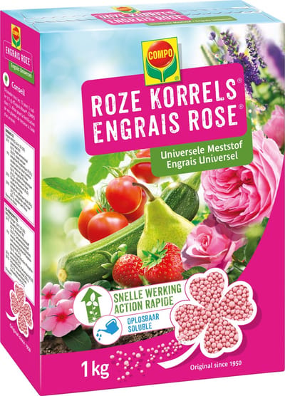 COMPO Roze Korrels® - rijke en snelwerkende meststof - voor alle tuin-, balkon-, terras- en kamerplanten - doos 1 kg