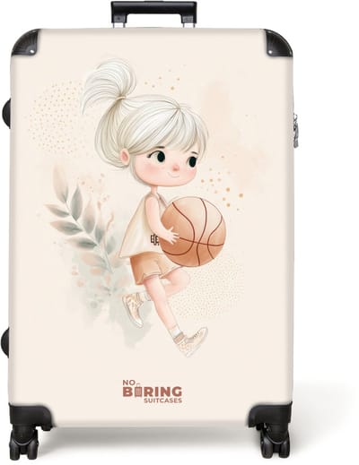 NoBoringSuitcases.com® - Koffer groot - Reiskoffer lichtgewicht - Meisje met een basketbal in neutrale kleuren. - Rolkoffer met 4 wielen - Grote trolley XL - 98 liter bagage