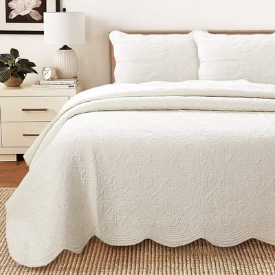 Line Home Fashions Victoriaanse medaillon massief ivoor matelasse reliëf 100% katoen beddengoed quilt set, dekbed, voor slaapkamer/logeerkamer (Blantyre - ivoor, koningin - 3 stuks)