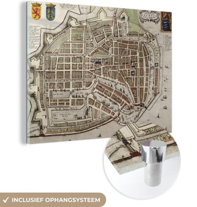MuchoWow® Glasschilderij 40x30 cm - Schilderij acrylglas - Plattegrond - Enkhuizen - Geschiedenis - Foto op glas - Schilderijen - Stadskaart