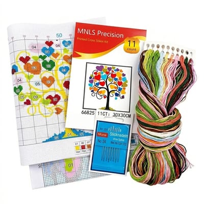 Kleurrijk borduurpakket boom met hartjes patroon borduur set dames en heren inclusief garen naalden en voorgedrukt canvas DIY kruissteek handwerk 30x30 cm decoratief ontwerp voor beginners en volwassenen