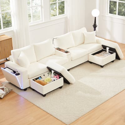 REDOM - U-Vormige Bank - Met 2 Poefs, Led-Verlichting En Opbergruimte - Met Usb En Type-C - Ribstof - Beige - 334 X 128,5 X 81 Cm