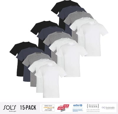 15 Pack Sol's Heren T-Shirt 100% biologisch katoen Ronde hals Zwart, Donker Grijs, Grijs / Lichtgrijs gemeleerd, wit Maat S