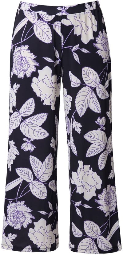 Ulla Popken - Dames - Jersey broek met print wijde pijpen elastische tailleband - Zwart - Maat 42+