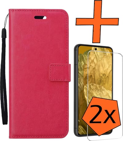 Hoes - Met 2x Screenprotector - Geschikt voor Google Pixel 8a - Luxe Pasjeshouder - Bookcase Portemonee - Flip Case - Kunstleer Book Case - Flipcase Hoes - Book Cover - Walletcase - PortemonneeHoes - Donkerroze