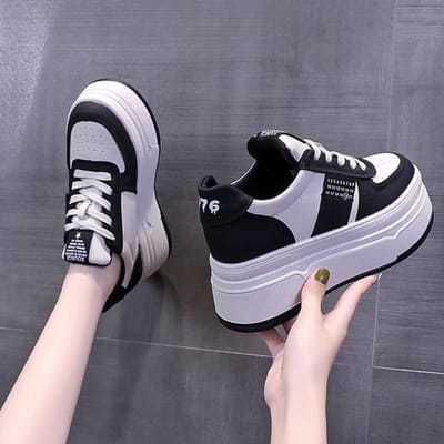 Dames Schoenen met Binnenverhoging Platform Muffin Schoenen Lente Nieuw Veelzijdig Leer Witte Schoenen Casual Sportschoenen Boardschoenen 39 black