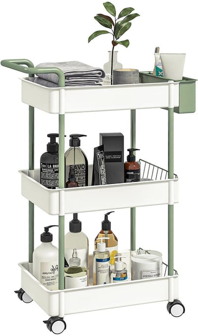 Pugsdrly Trolly, 3 niveaus, hangmand, duwgreep, 4 wieltjes, metalen frame, wit, 50 x 29,4 x 77 cm