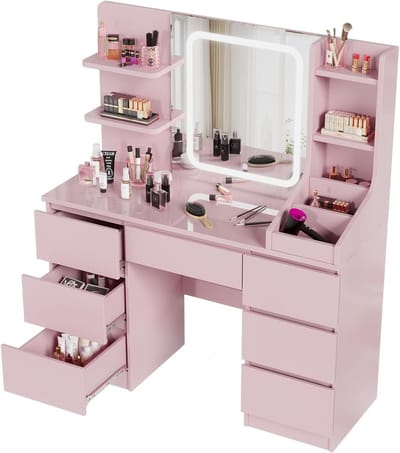 Grote Kaptafel met Verstelbare LED Verlichting, Spiegel en 7 Lades, Make-up Tafel voor Meiden Slaapkamer