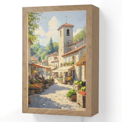 Wandlamp 20x30 cm - Oplaadbaar - Dorp - Zon - Kraampjes - Huizen - Wandlampen binnen woonkamer - Slaapkamer lamp met kabel - Decoratieve nachtlamp - Vloerlamp snoer
