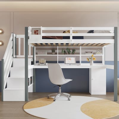Wishdor Halfhoog Bed – 90 x 200 cm – Met Bureau en Opbergruimte – Zijtrap met Opberglade – Wit en Grijs – Inclusief Boekenkast en Stoffen Opbergboxen – Complete Studie- en Slaapplek voor Kinderkamer – FSC Gecertificeerd