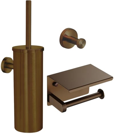 Toiletaccessoireset Koper 3-delig - Toiletborstelhouder - Toiletrolhouder met plankje - Handdoekhaak - Wc accessoires koper - Geborsteld Koper PVD